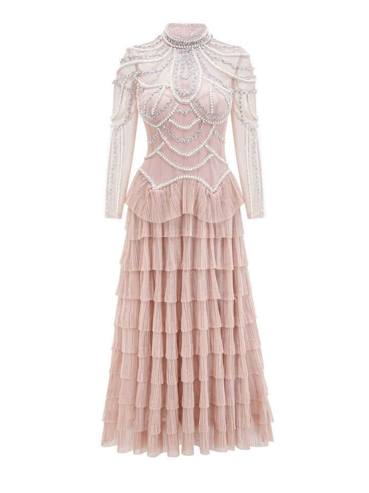 embellished high-neck tulle maxi dress with tiered skirt – SERAPHINA