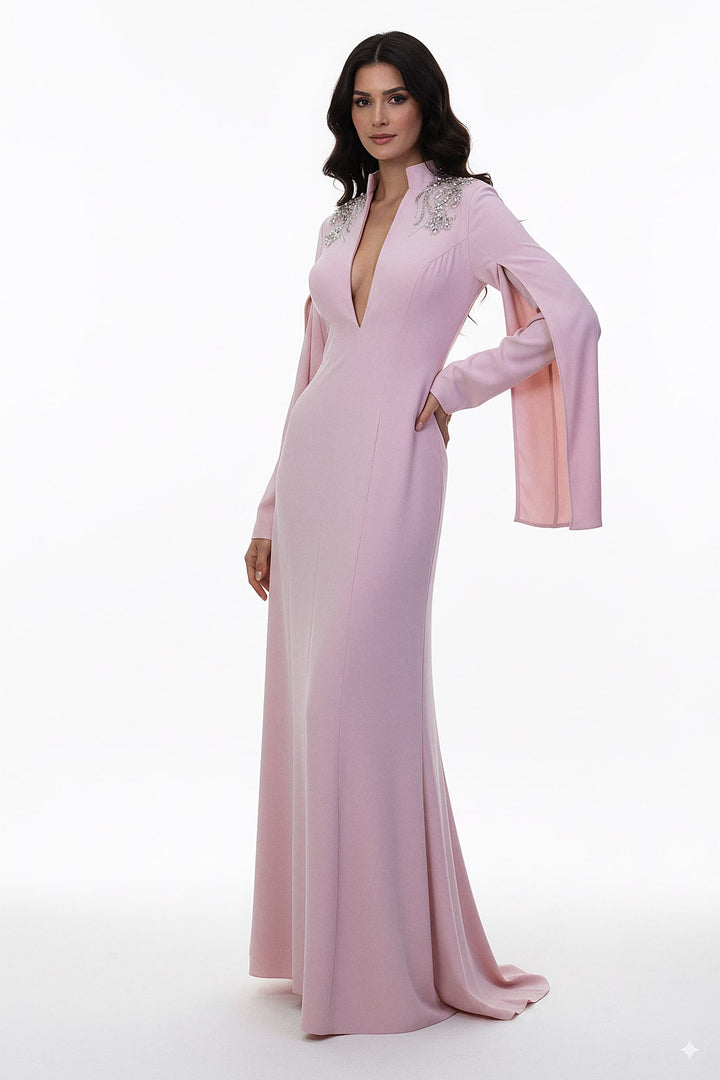 plunging neckline gown with embellished shoulders – ROSABELLE