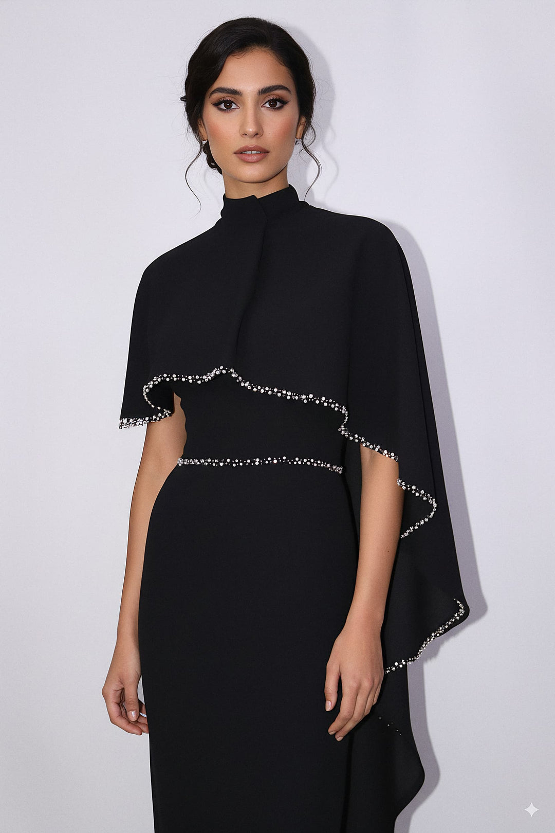 high-neck column gown with embellished cape – VORIN