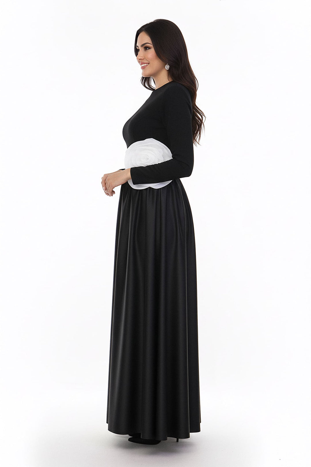 long-sleeve satin gown with oversized flower accent – MIREN