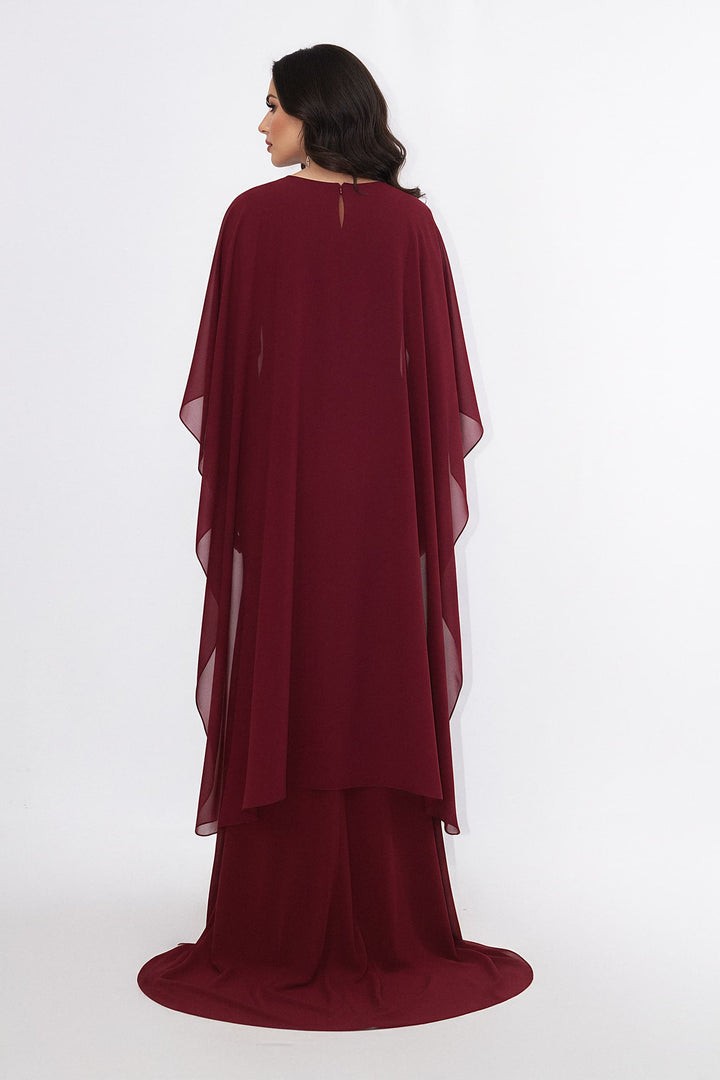 draped high-neck gown with chiffon cape sleeves – MERLOT