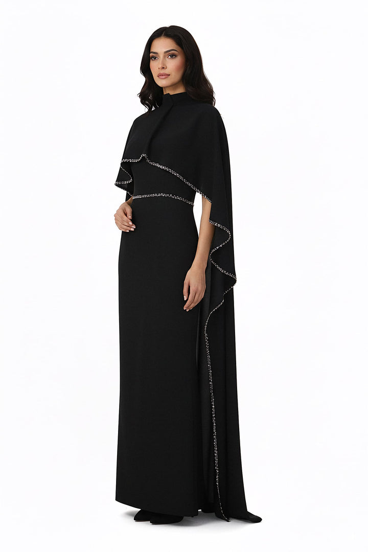 high-neck column gown with embellished cape – VORIN