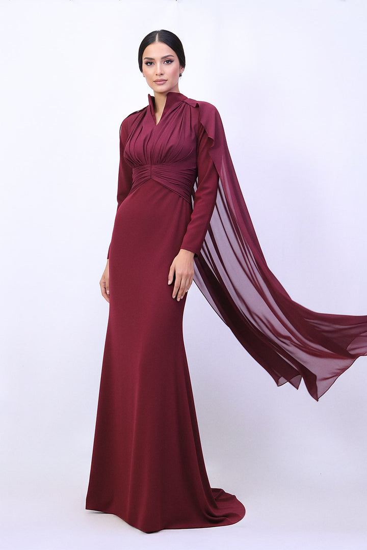 draped high-neck gown with chiffon cape sleeves – MERLOT