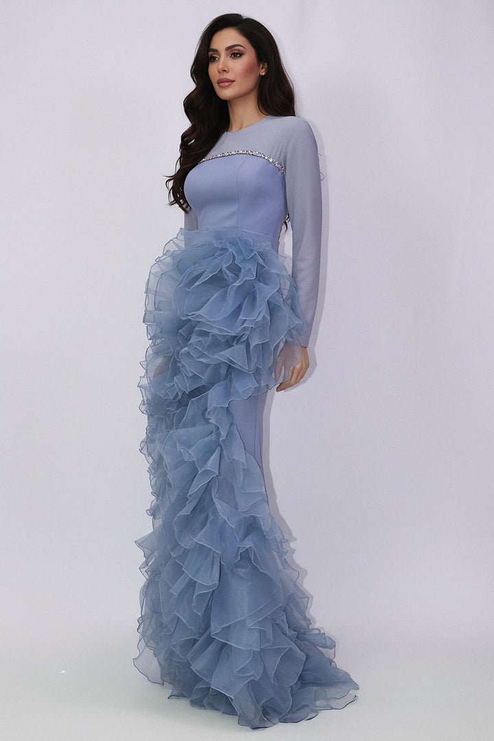 long-sleeve gown with crystal trim and tiered ruffle skirt – AZEIRA