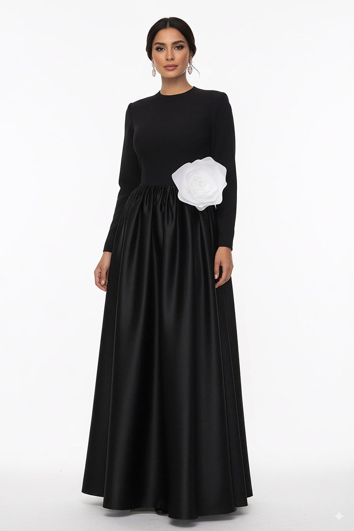 long-sleeve satin gown with oversized flower accent – MIREN