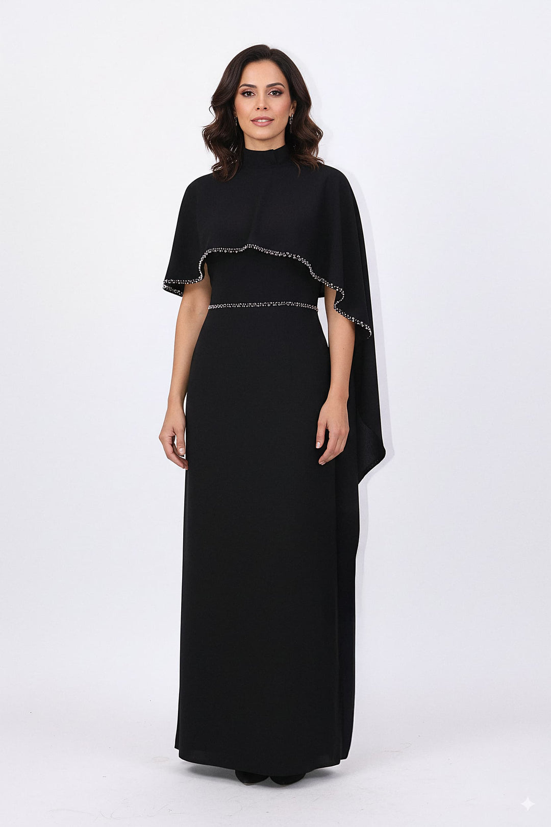 high-neck column gown with embellished cape – VORIN