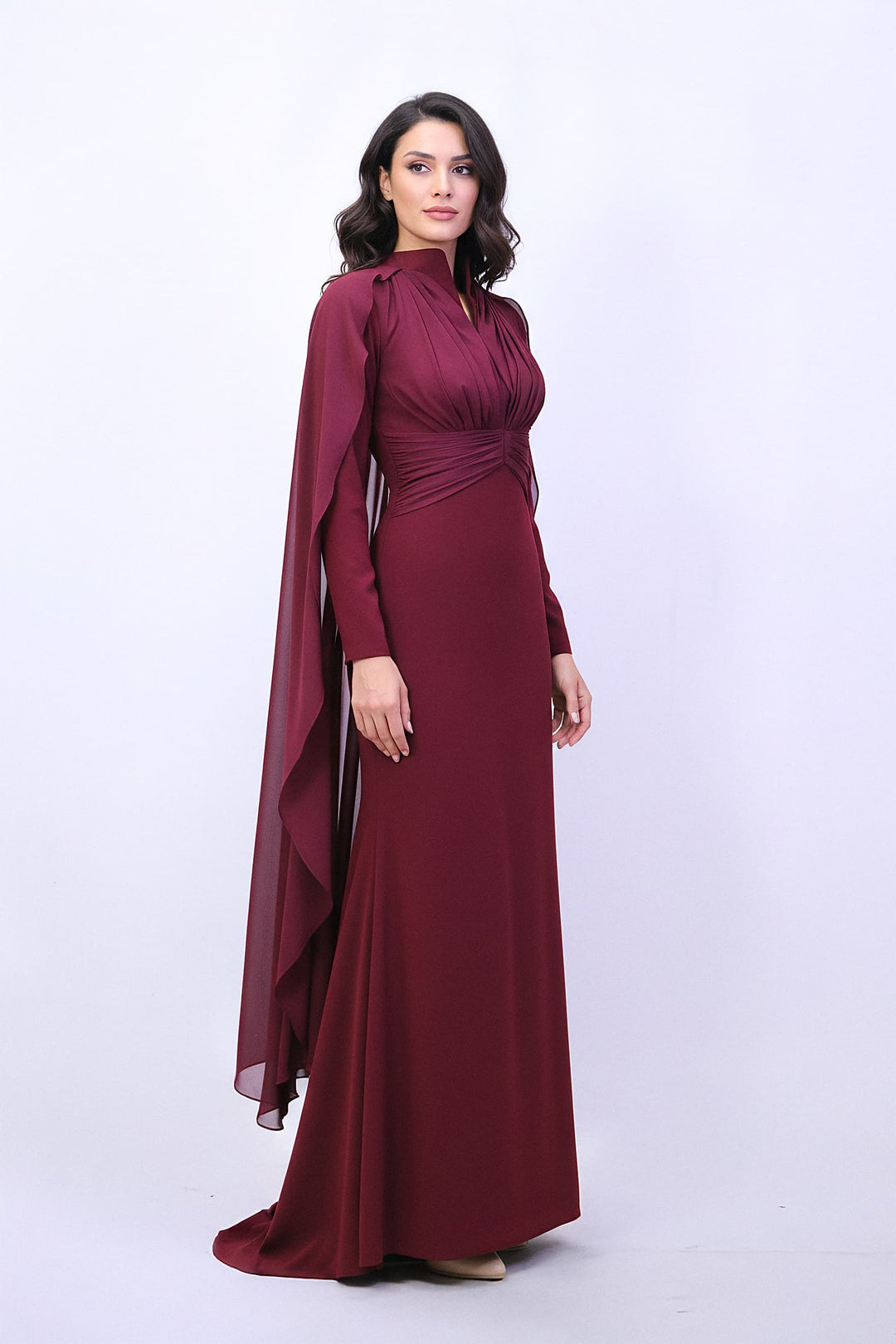 draped high-neck gown with chiffon cape sleeves – MERLOT –