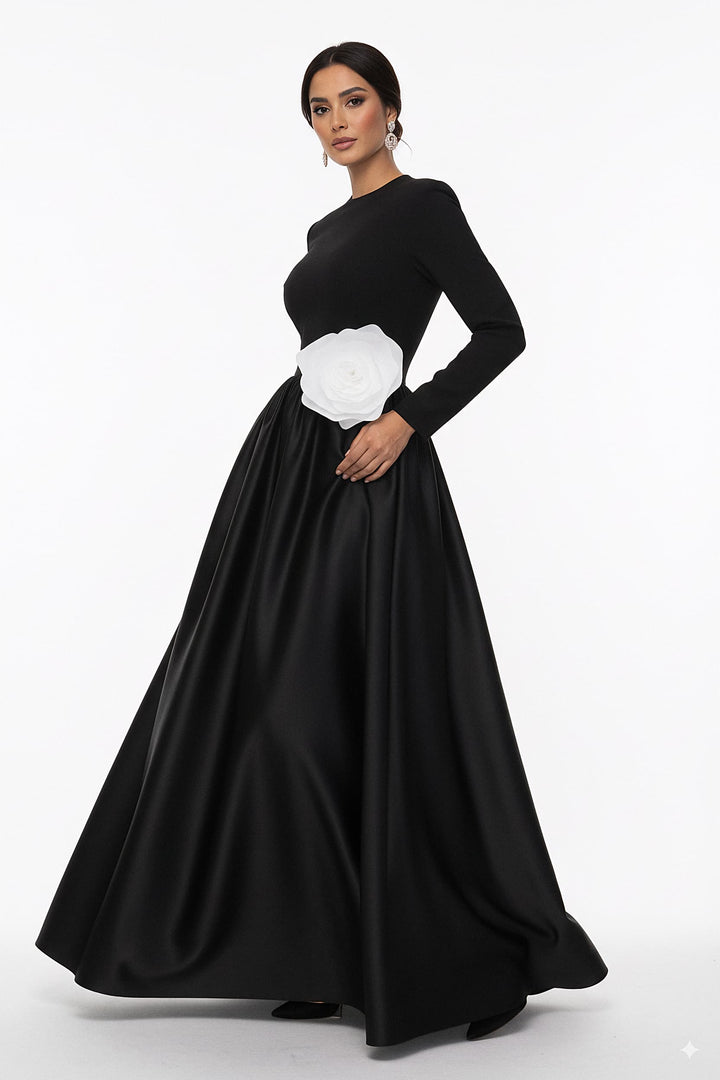 long-sleeve satin gown with oversized flower accent – MIREN
