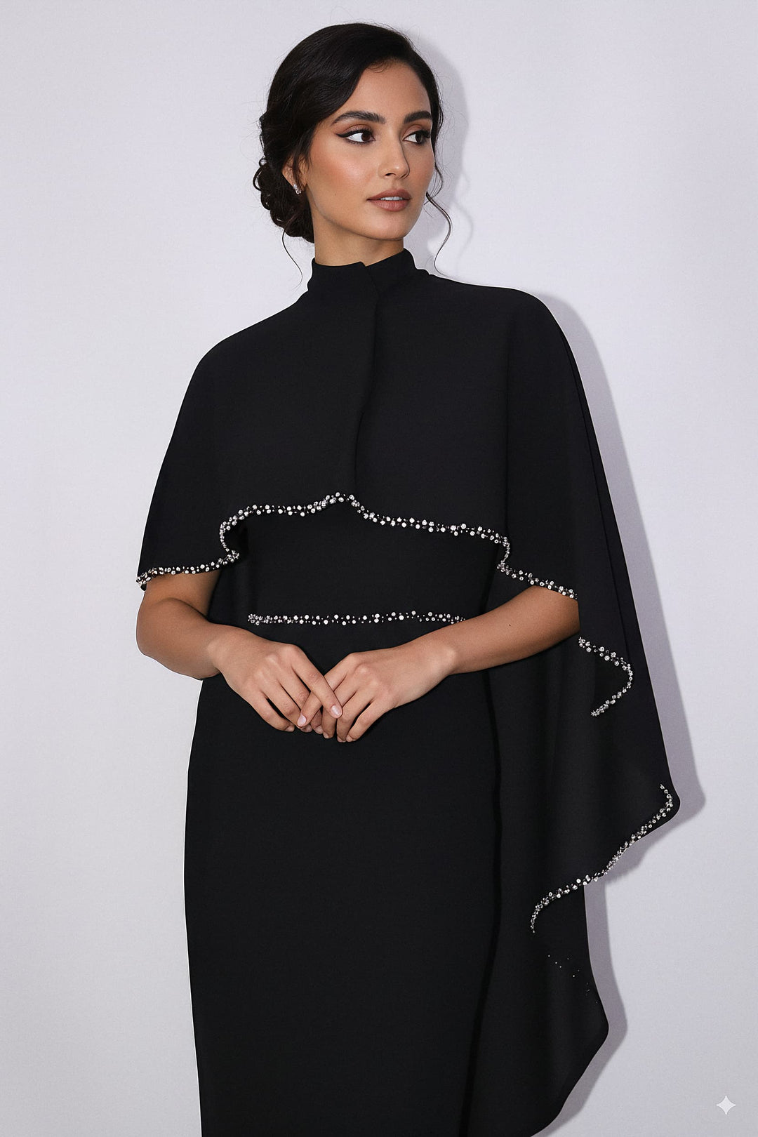 high-neck column gown with embellished cape – VORIN