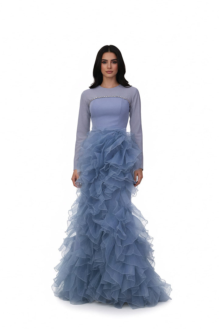 long-sleeve gown with crystal trim and tiered ruffle skirt – AZEIRA