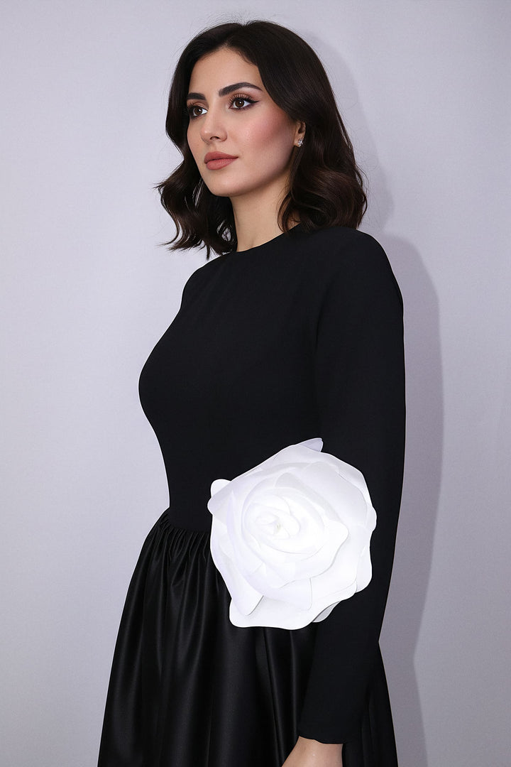 long-sleeve satin gown with oversized flower accent – MIREN