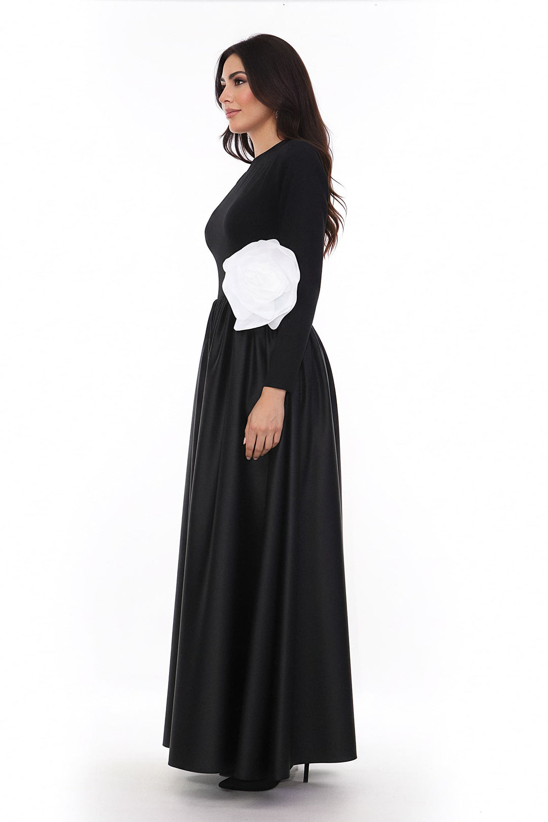 long-sleeve satin gown with oversized flower accent – MIREN