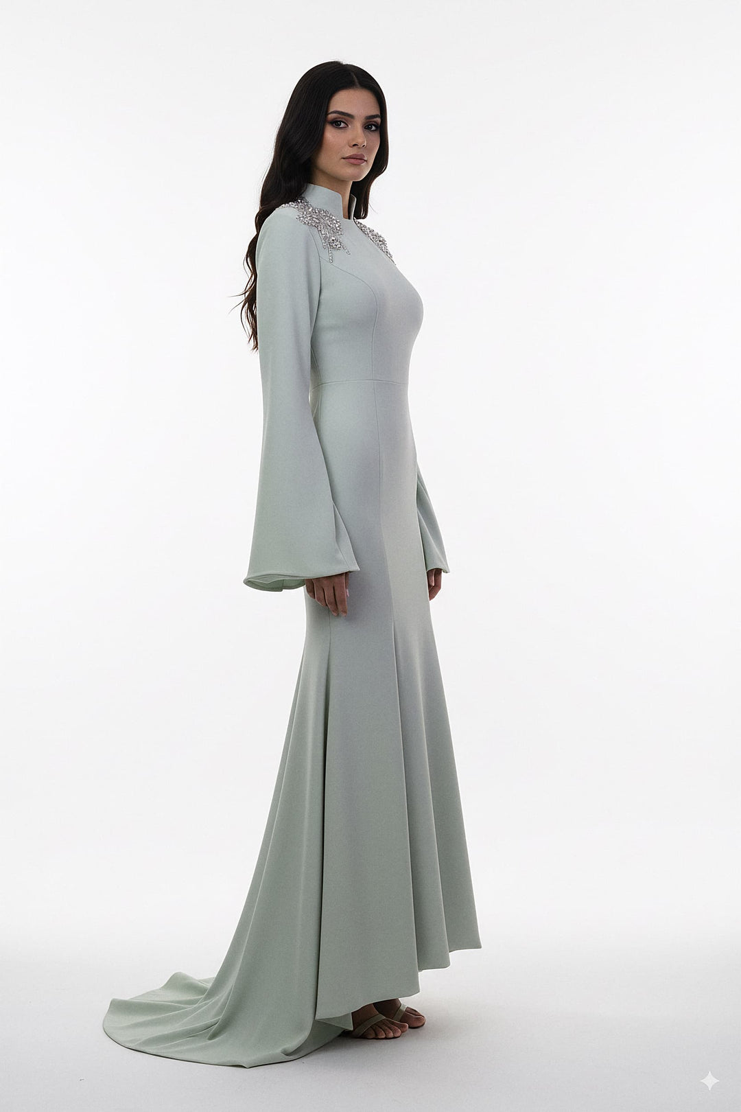 long-sleeve mermaid gown with embellished shoulder – SEGE
