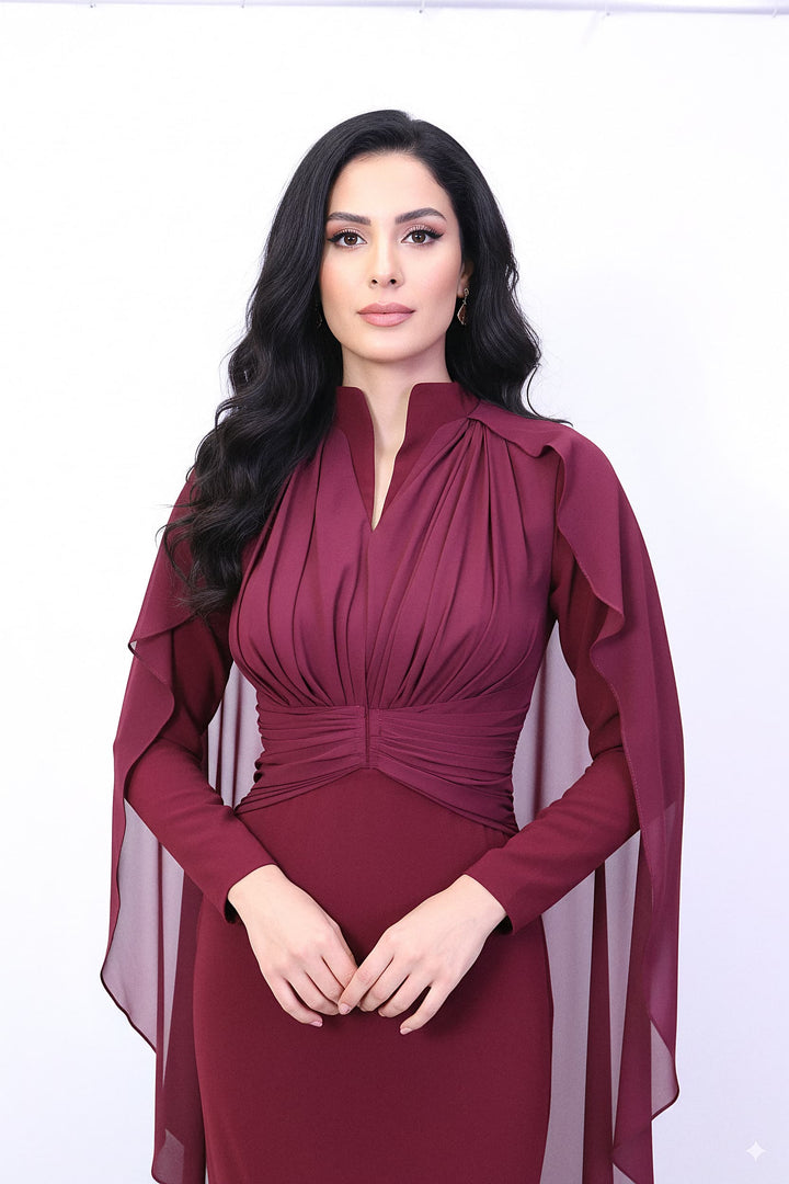 draped high-neck gown with chiffon cape sleeves – MERLOT