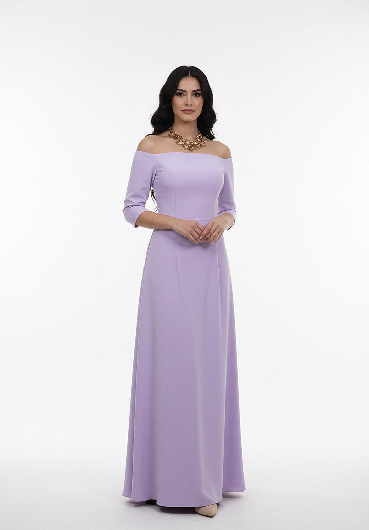 off-shoulder lilac gown with fitted bodice – AMILYA