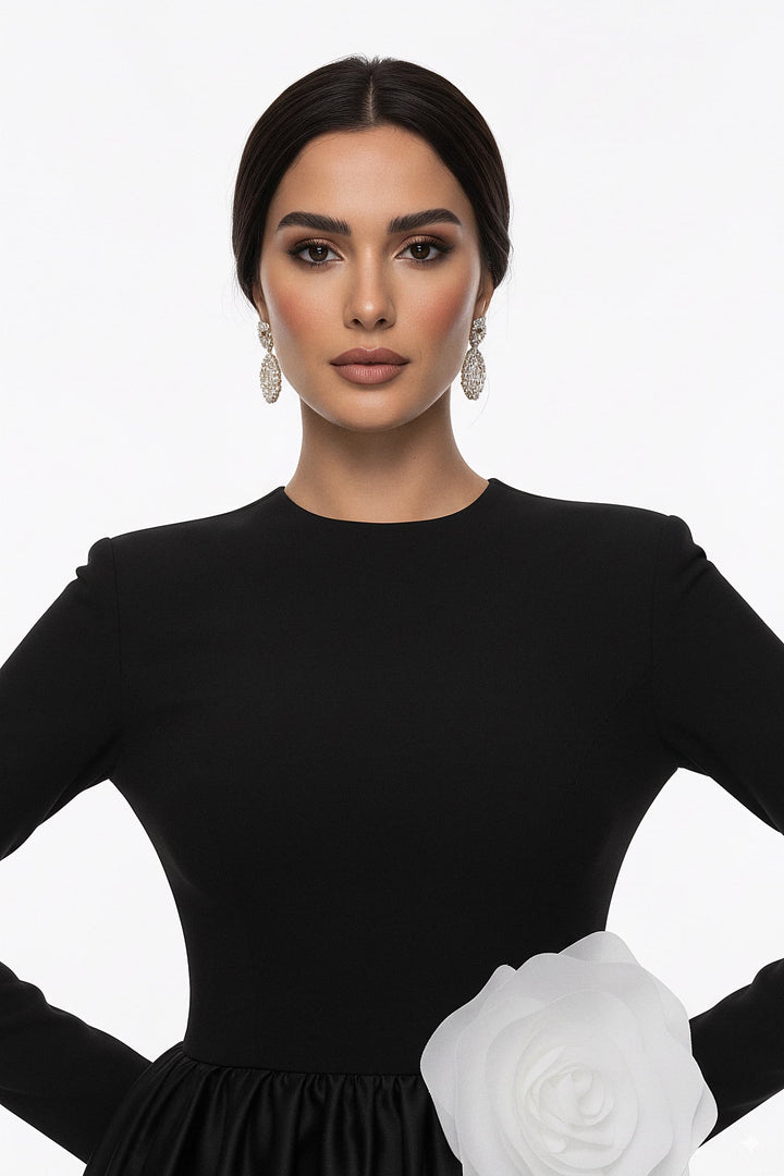 long-sleeve satin gown with oversized flower accent – MIREN