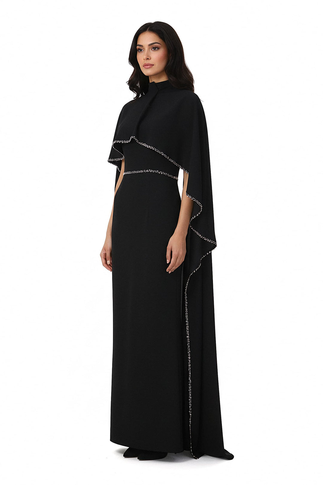 high-neck column gown with embellished cape – VORIN