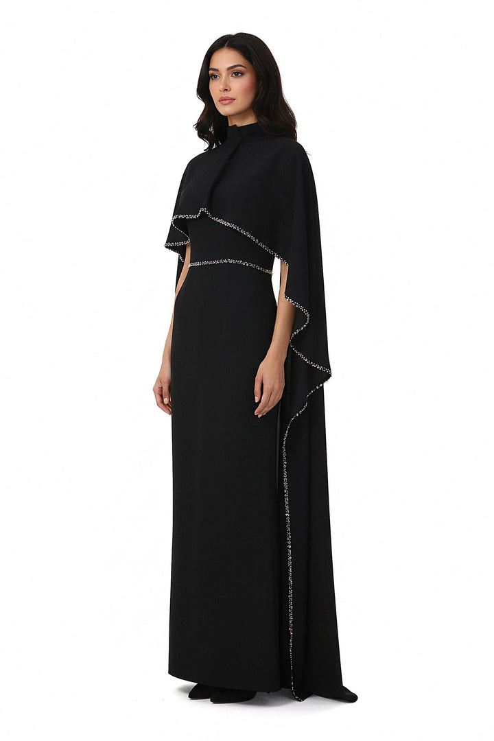 high-neck column gown with embellished cape – VORIN