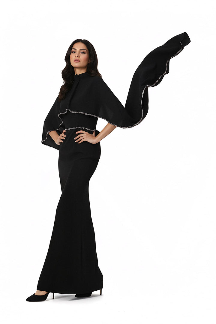 high-neck column gown with embellished cape – VORIN