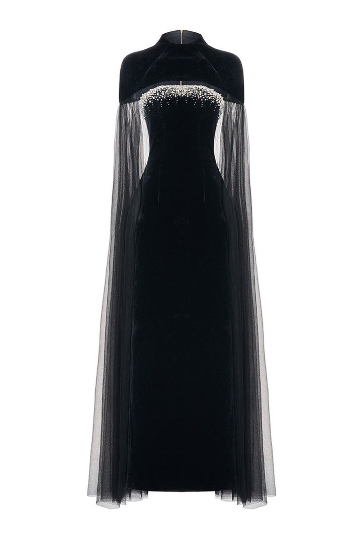 beaded velvet gown with sheer tulle cape – CELESTE