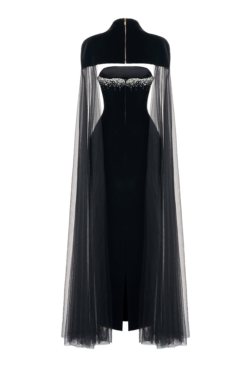 beaded velvet gown with sheer tulle cape – CELESTE