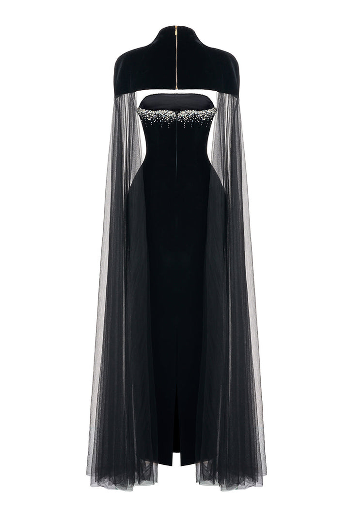 beaded velvet gown with sheer tulle cape – CELESTE