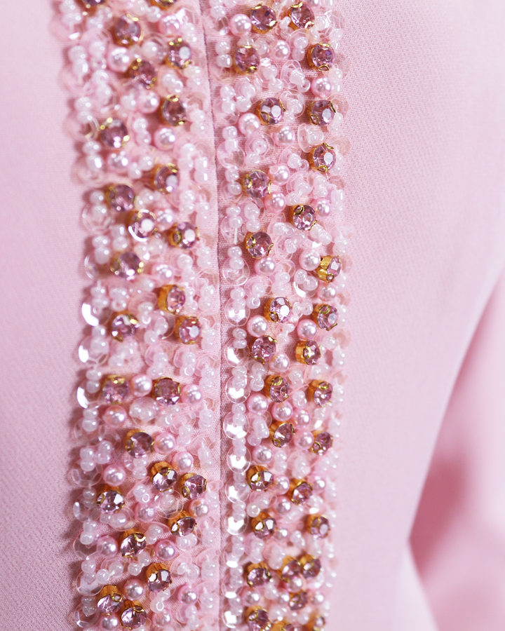 V Neckline long-sleeved pink dress with sequinned lines