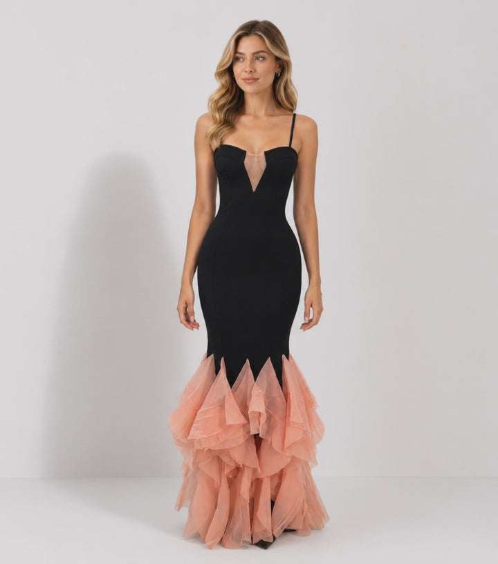 Contrast Ruffle Mermaid Evening Gown — Obsidian