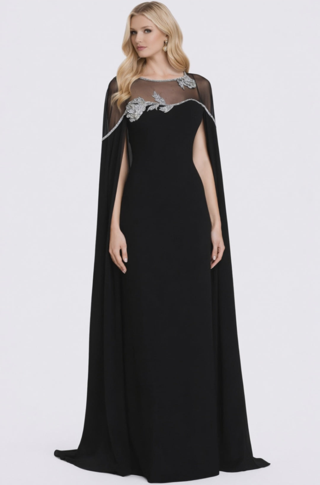 sheer neckline gown with embellished cape sleeves – GLAMOUR