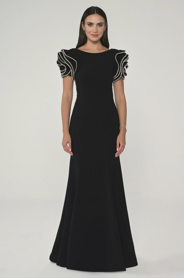 mermaid gown with sculpted pearl-trim sleeves – ARLENE