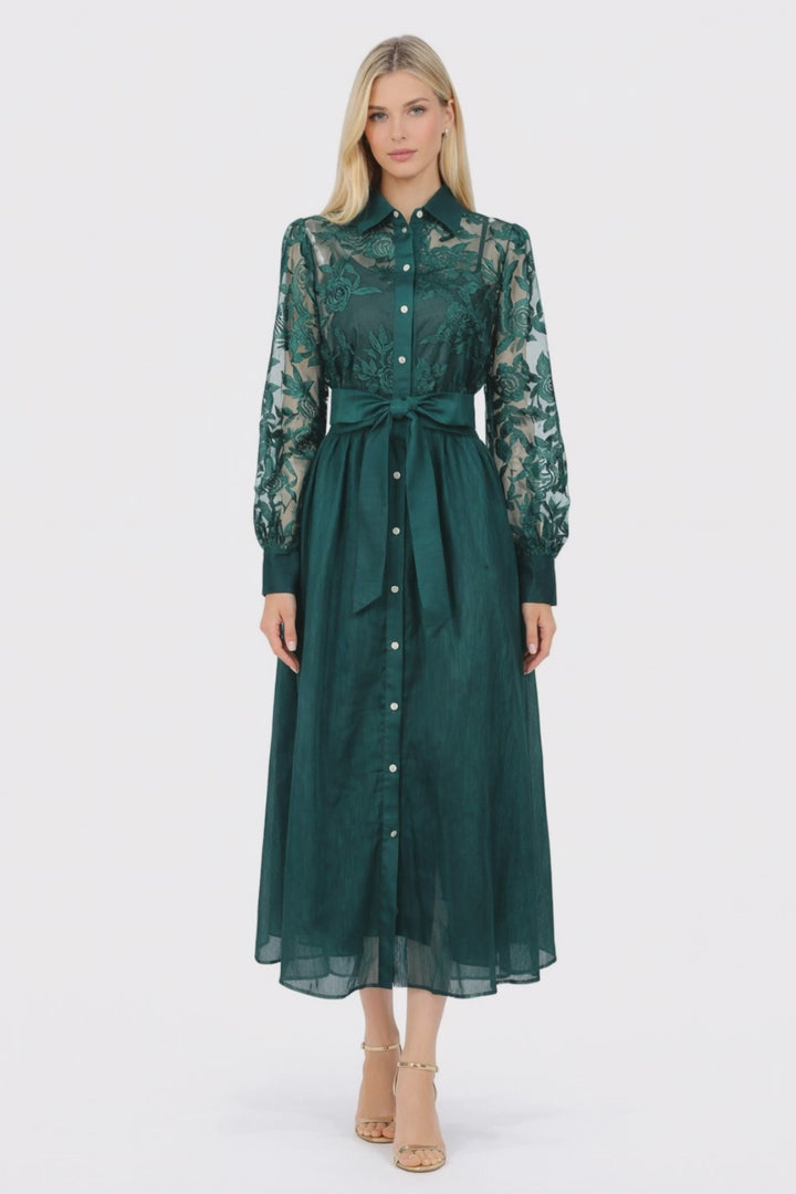lace sleeve belted shirt midi dress – RALDO