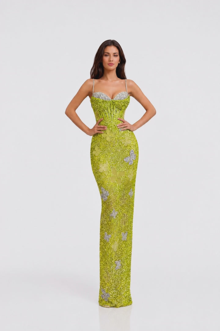 embellished corset maxi dress with floral appliqué – VERDÉA