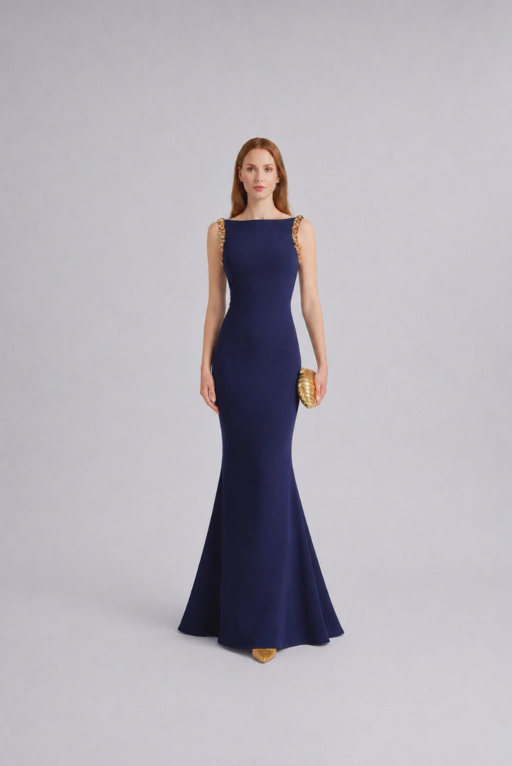 sleeveless column gown with embellished shoulder straps – VALERIA