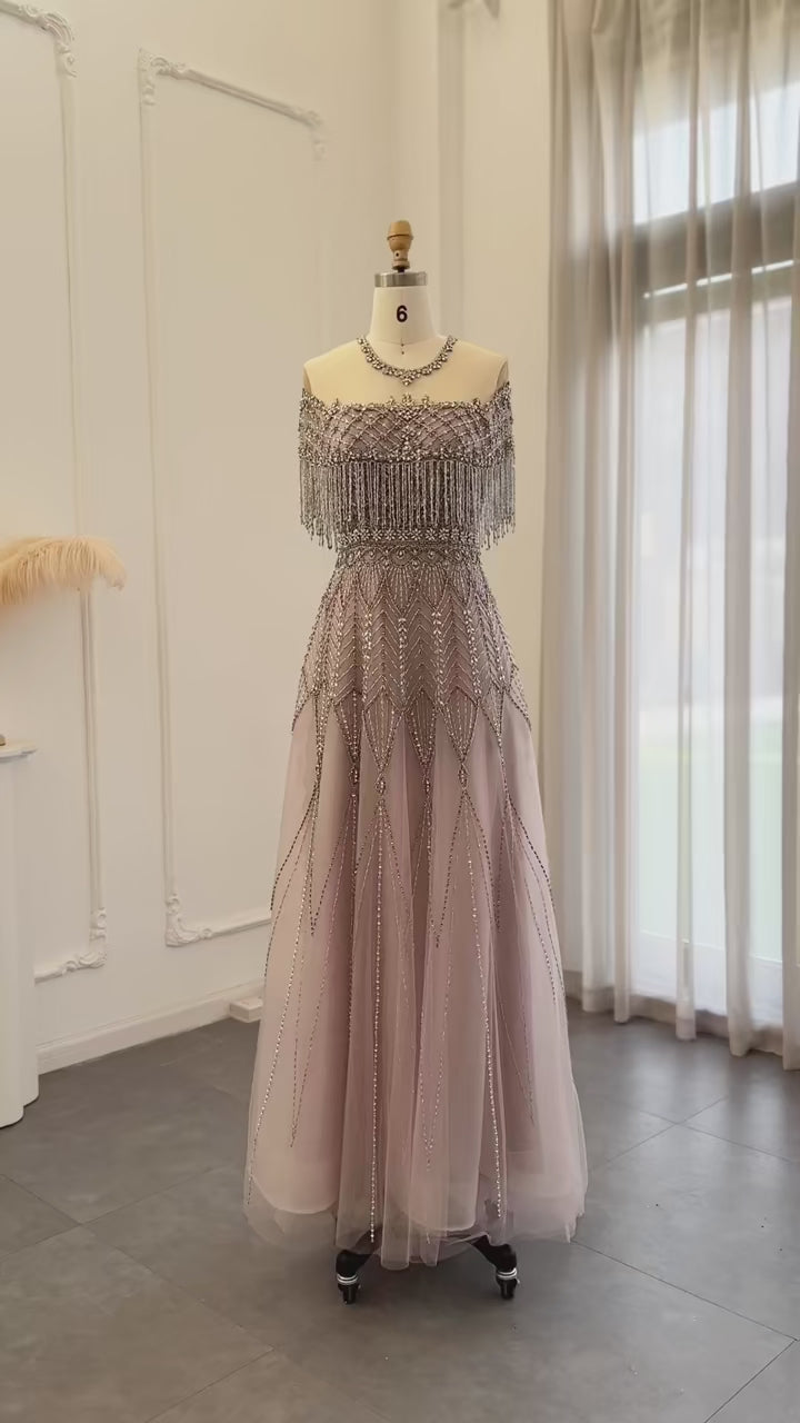 Crystal Fringe Off-Shoulder Gown – LUMERA