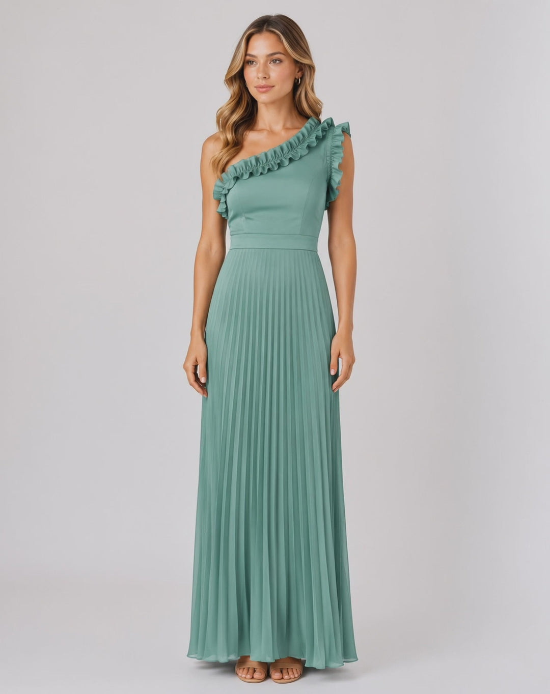 Olive Ruffle One-Shoulder Pleated Maxi Dress — Verdure