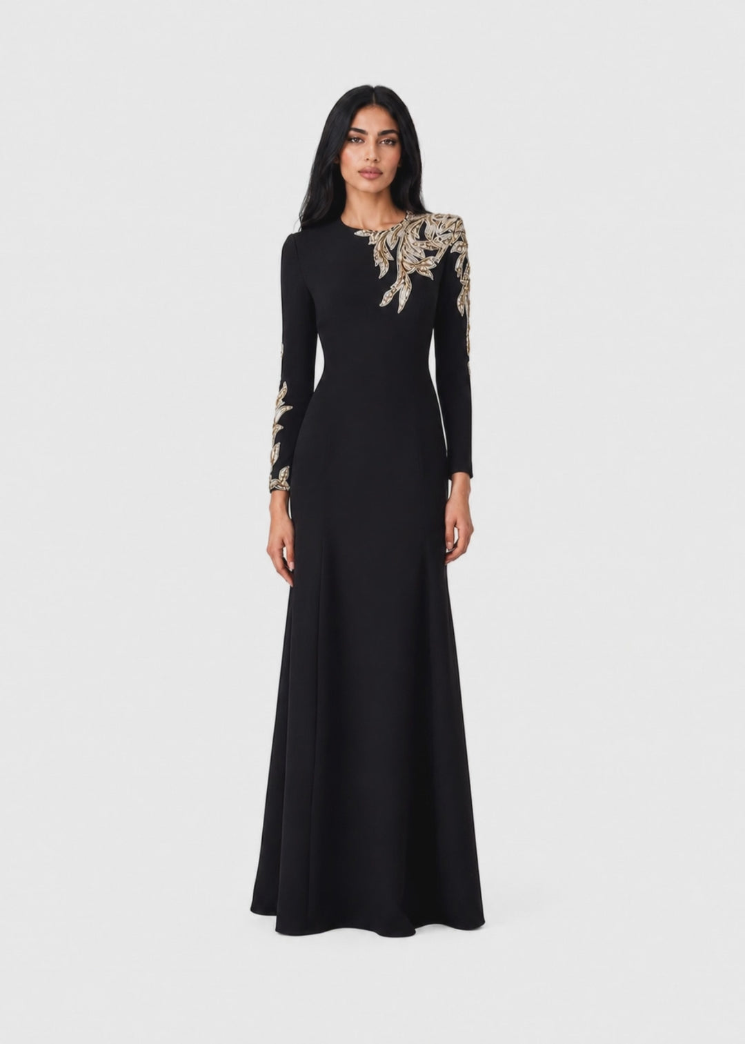 long-sleeve column gown with gold floral embroidery – VALENTIA