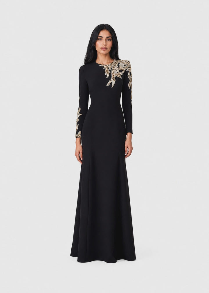 long-sleeve column gown with gold floral embroidery – VALENTIA
