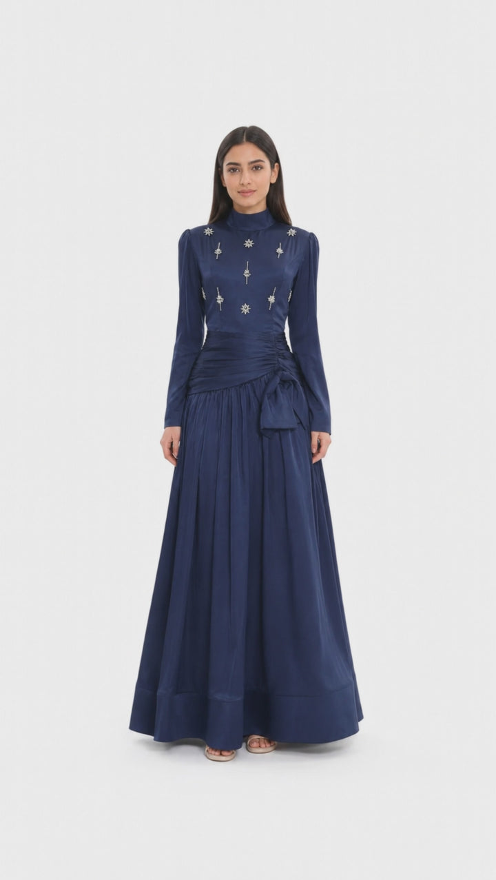 High-neck embellished satin maxi dress with draped waist – LYRA