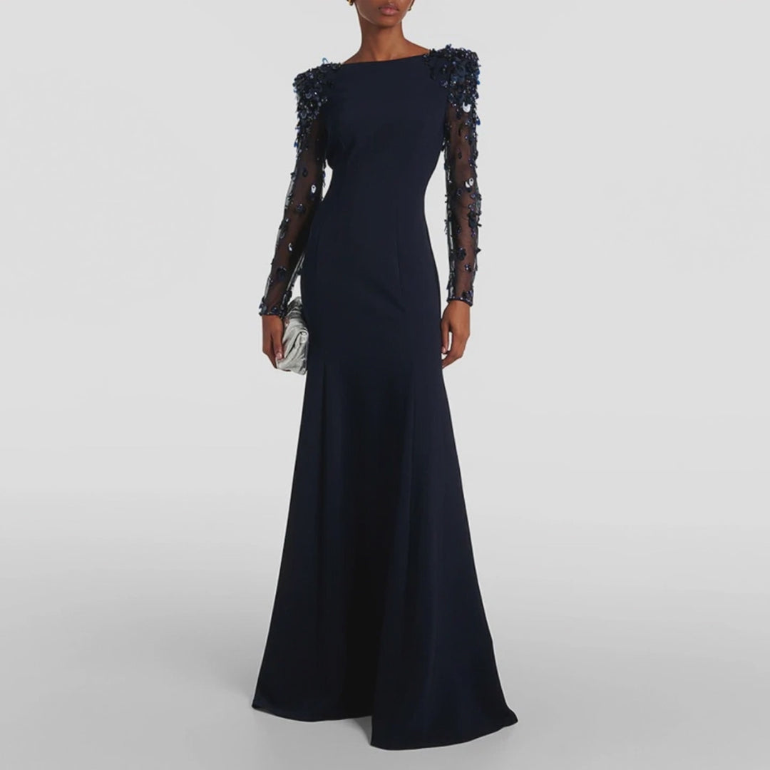 long column dress with embellished sheer sleeves - AUROXIA
