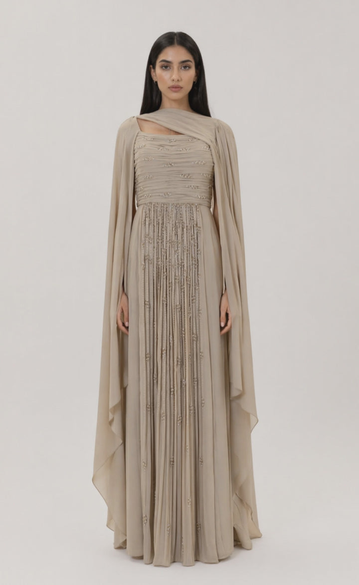 draped chiffon pleated dress with embellished cape – DESERT
