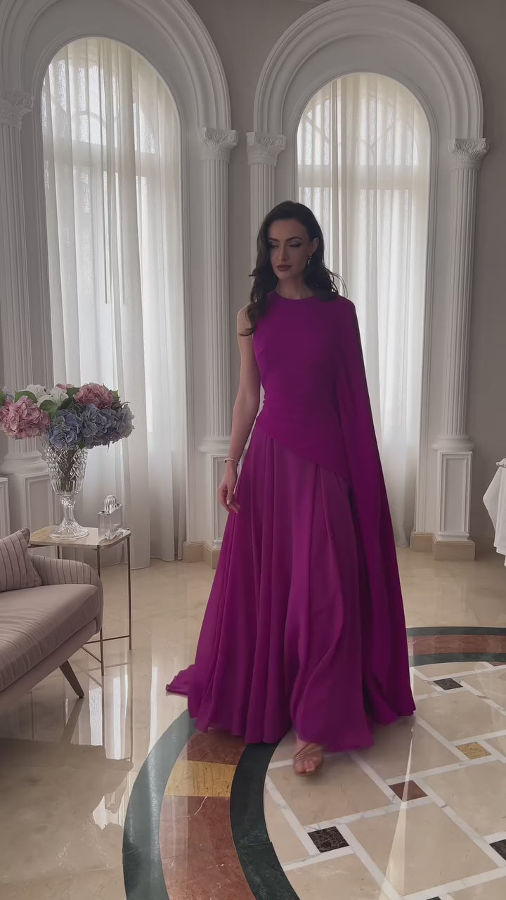 one-shoulder gown with flowing cape – DARIIEN