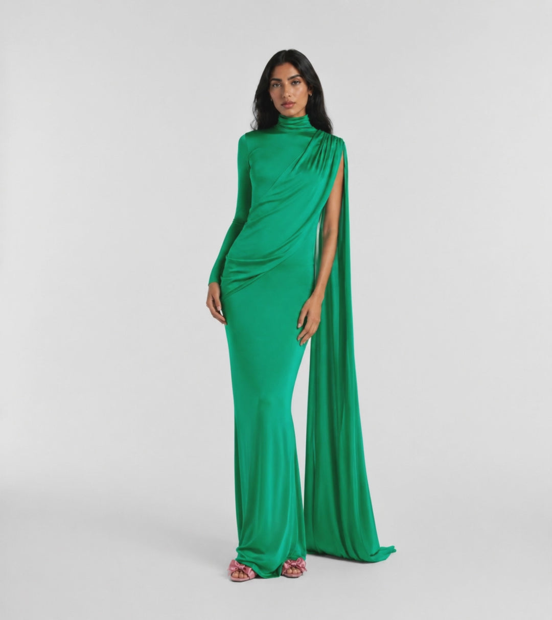 Emerald Draped Cape Evening Gown - Elara