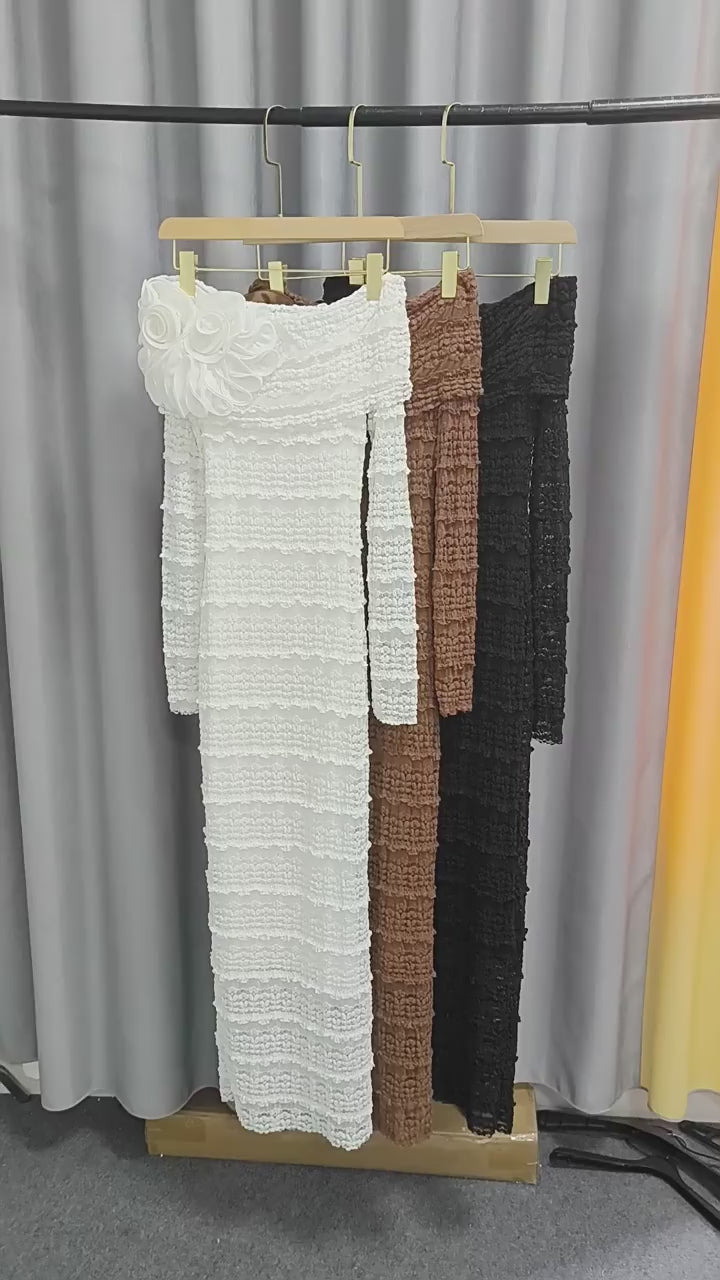 Rosette Lace Off-Shoulder Maxi Dress — Mocha