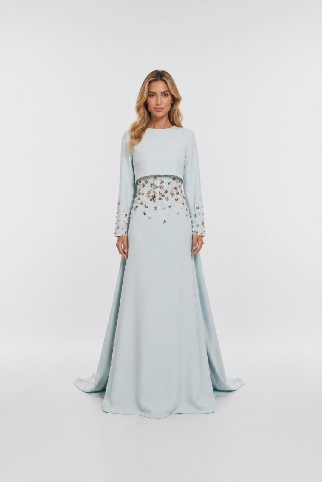 Embellished Waist Cape Gown - Ruby