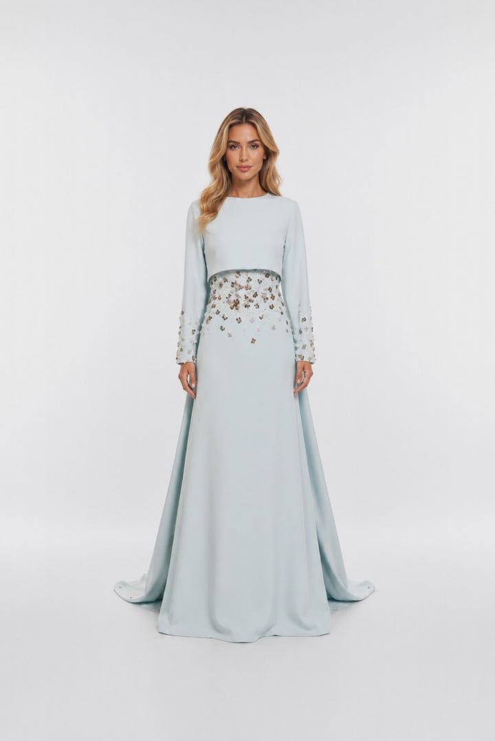 Embellished Waist Cape Gown - Ruby