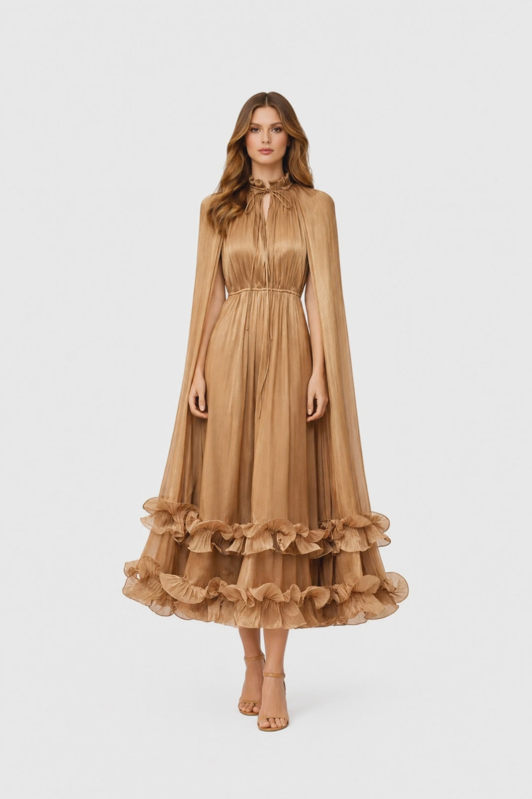sheer pleated midi dress with cape sleeves and ruffled hem – AZURA