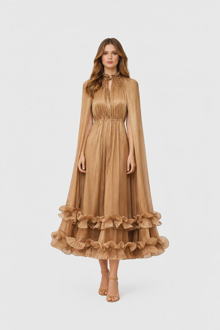 sheer pleated midi dress with cape sleeves and ruffled hem – AZURA