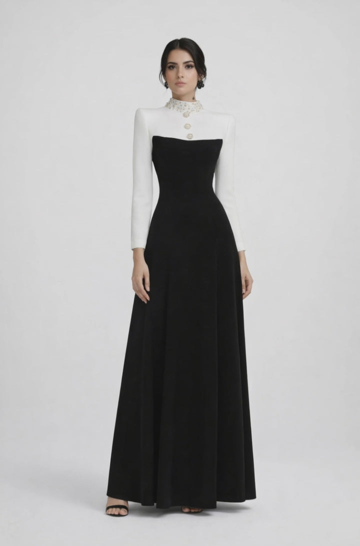 high-neck two-tone maxi dress with embellished collar – MONARCH