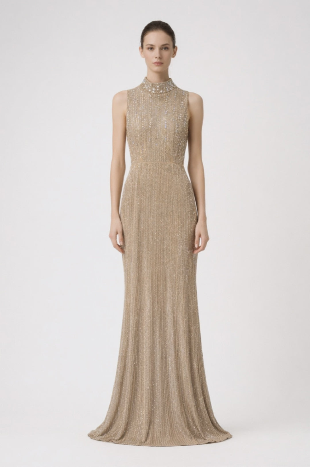 sleeveless high neck sequin maxi dress with draped hem – AURELIA