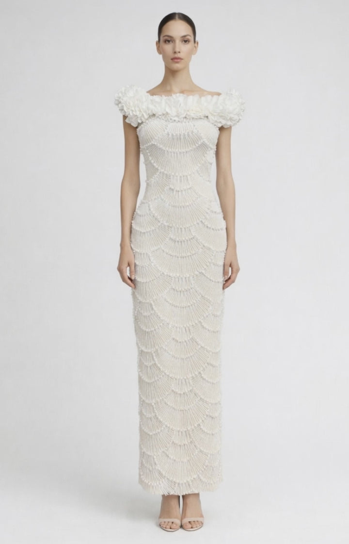 off-shoulder fitted maxi dress with pearl scallop embellishments and floral neckline – IVORY
